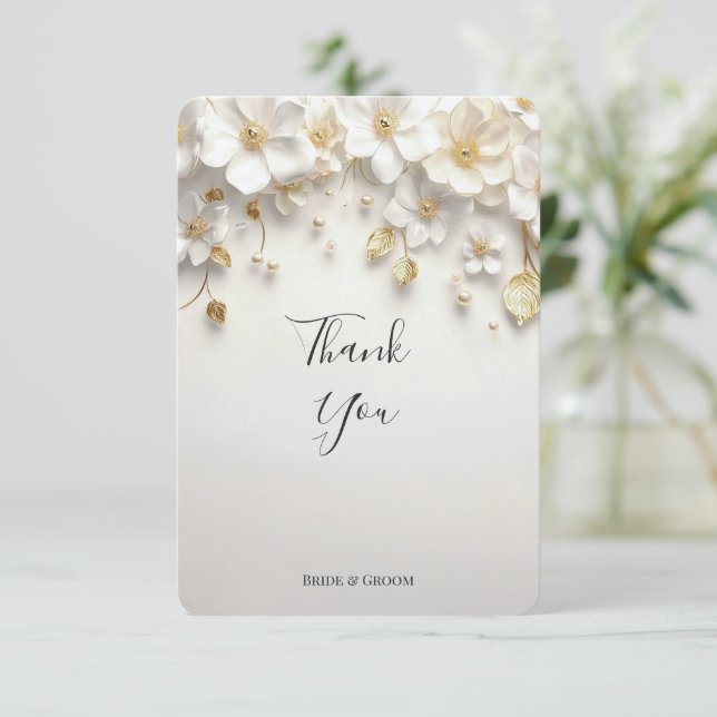 Ivory White Blommigt Guld Löv - tackkort Tack Kort (Stående Fram)