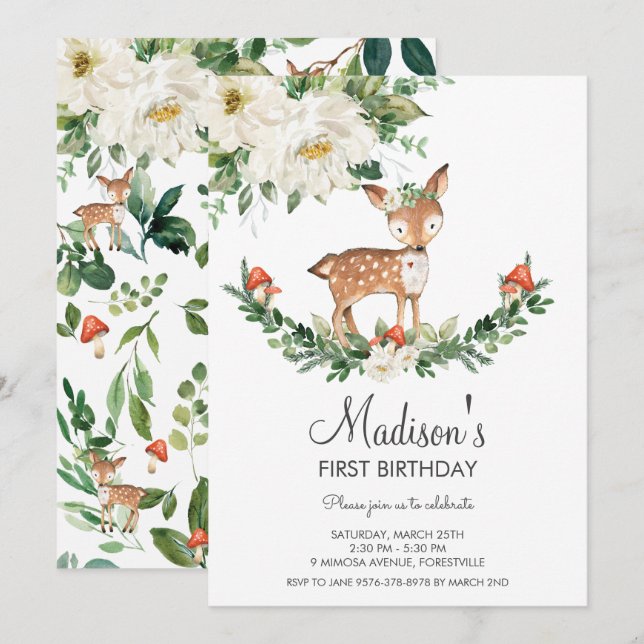 Ivory White Blommigt Hjort Fawn Woodland Birthday Inbjudningar (Fram/baksida)