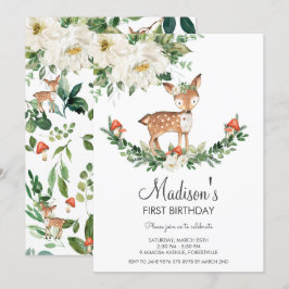 Ivory White Blommigt Hjort Fawn Woodland Birthday Inbjudningar
