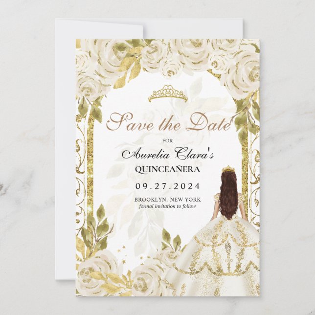 Ivory White Blommigt Princess Guld Arch Quinceaner Meddelande (Framsida)