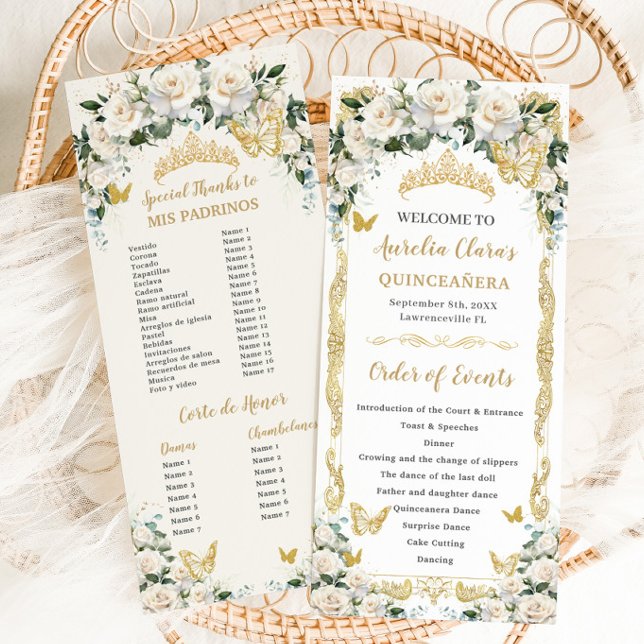 Ivory White Blommigt Quinceañera Order of Events Program (white ivory roses floral gold quinceanera padrinos corte de honor order of events slim program cards)