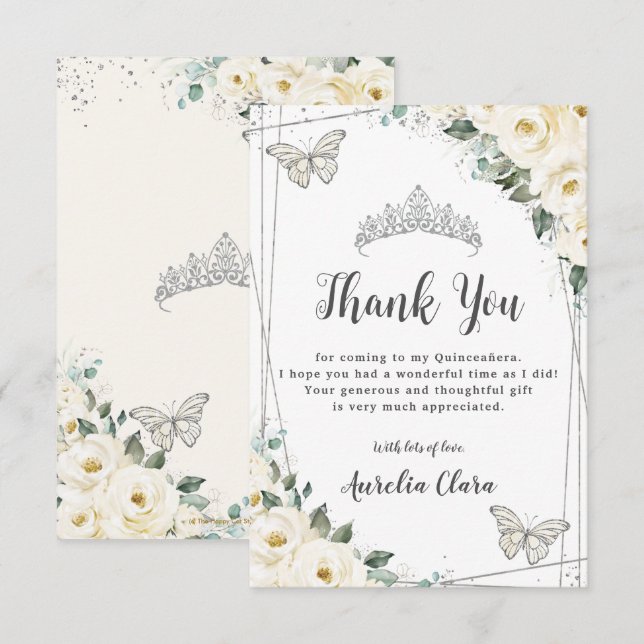 Ivory White Blommigt Silver Butterflies Quinceañer Tack Kort (Fram/baksida)
