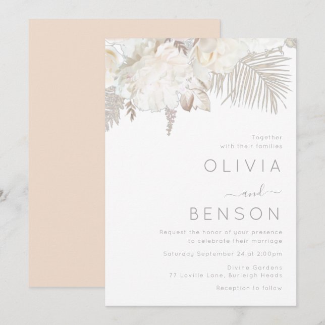Ivory White & Bohemian Flowers Modern Bröllop Inbjudningar (Fram/baksida)