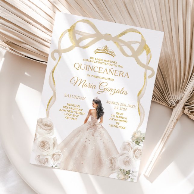 Ivory White Bow Princess Guld Krona Quinceañera Inbjudningar (Skapare uppladdad)