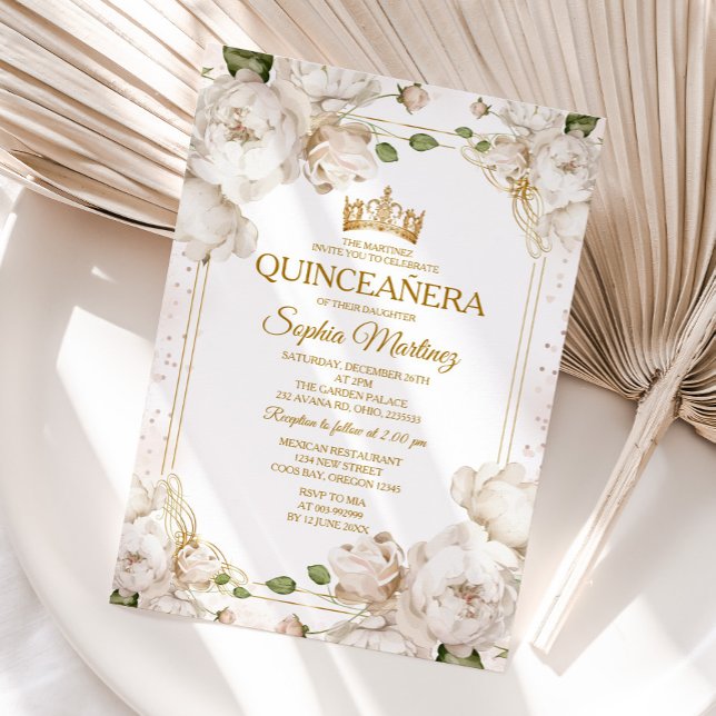 Ivory White Flowers Mexican Guld Charra Mis Quince Inbjudningar (Skapare uppladdad)