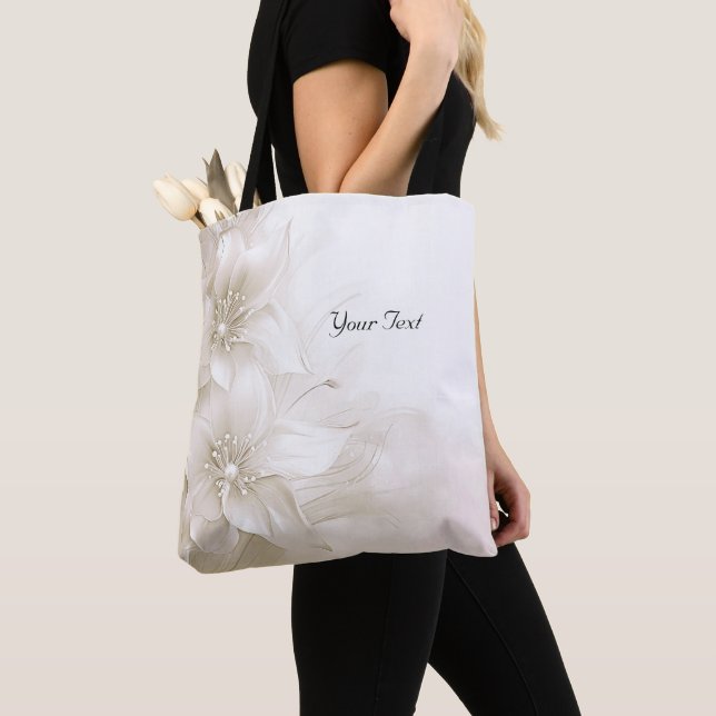 Ivory White Flowers Tote Bag Tygkasse (Närbild)