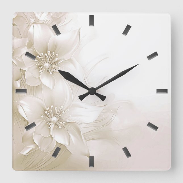 Ivory White Flowers Wall Clock Fyrkantig Klocka (Framsida)