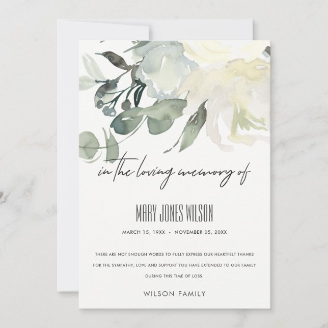 IVORY WHITE GRÖNT GRÅTT BLOMMIGT SYMPATHY MEMORIAL TACK KORT (Framsida)