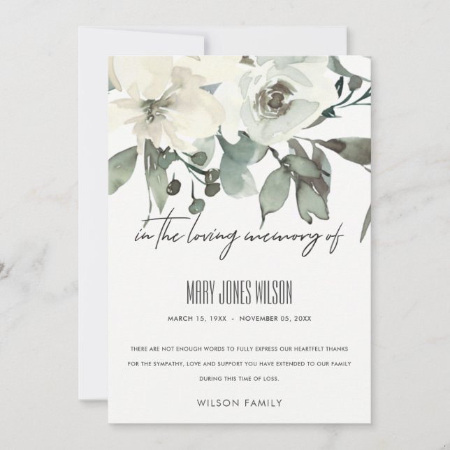 IVORY WHITE GRÖNT GRÅTT BLOMMIGT SYMPATHY MEMORIAL TACK KORT (Framsida)