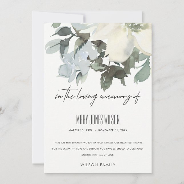 IVORY WHITE GRÖNT GRÅTT BLOMMIGT SYMPATHY MEMORIAL TACK KORT (Framsida)