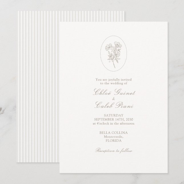 Ivory White & Sand | Stripe Floral Wedding  Inbjudningar (Fram/baksida)