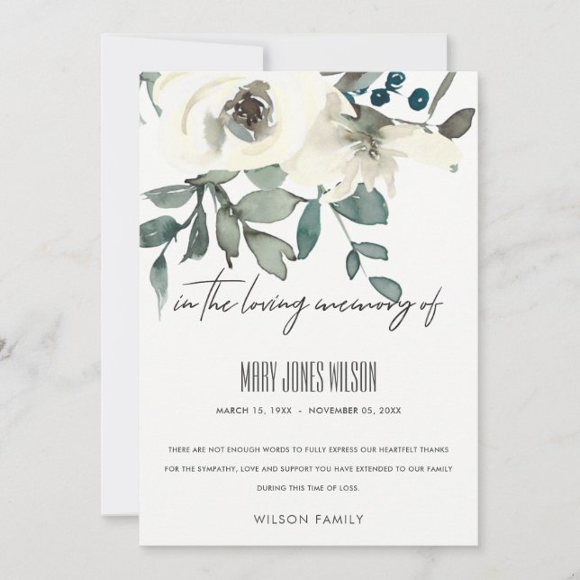 IVORY WHITY GRÖNT RO BLOMMIGT SYMPATHY MEMORIAL TACK KORT (Framsida)