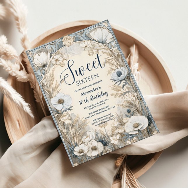 Ivory Wildflower Art Nouveau Sweet Sixteen Inbjudningar (Skapare uppladdad)