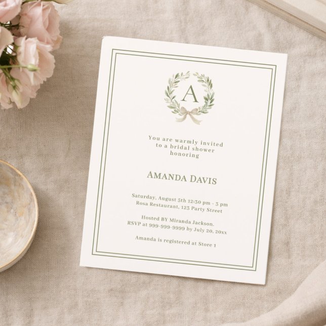 Ivory wreath monogrammed Bridal Shower invitation (Skapare uppladdad)