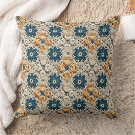 Ivory Yellow and Blue Faux Crochet Kudde