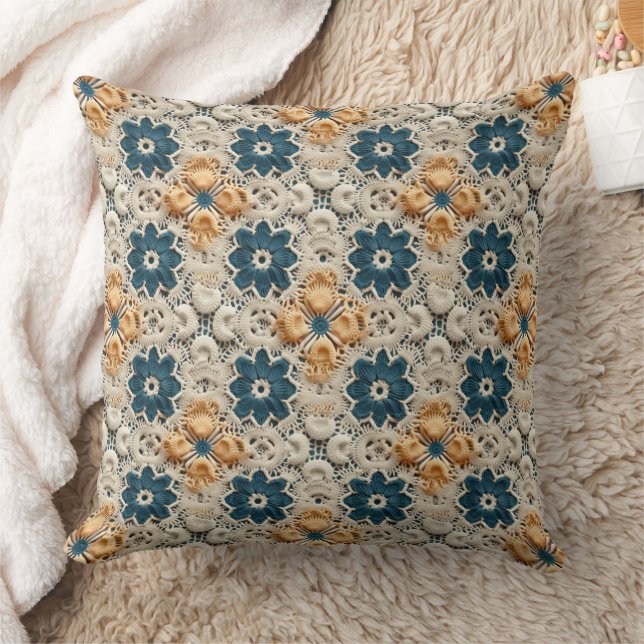 Ivory Yellow and Blue Faux Crochet Kudde (Filt)