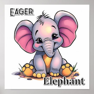 Ivrig Elefant Söt Tecknad Barnkammarkonst Poster