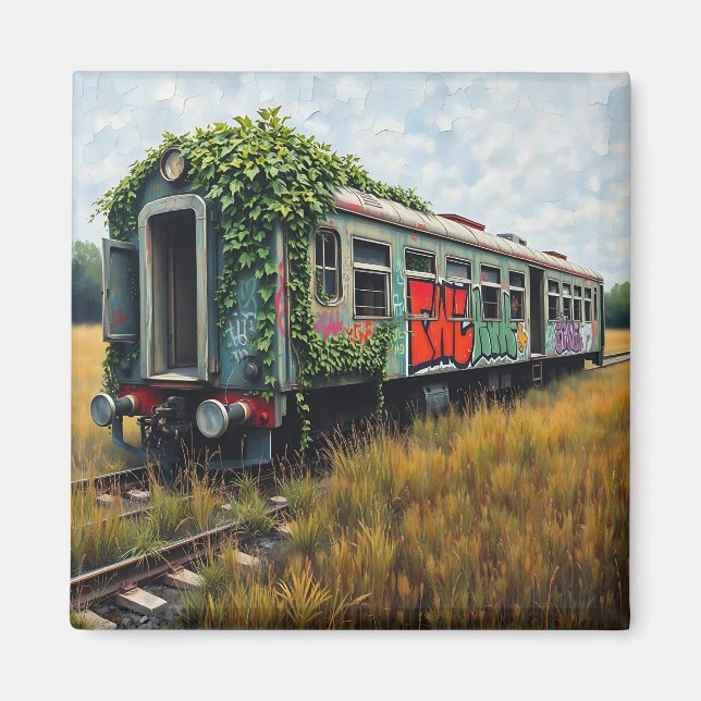 Ivy and Graffiti  Covered Abandoned Train  Magnet (Framsidan)