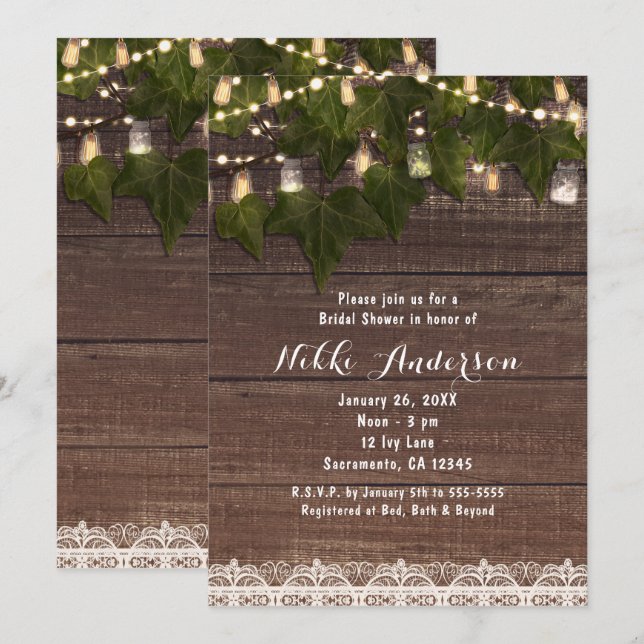 Ivy & String Lights Mason-burkar Rustika Invitatio Inbjudningar (Fram/baksida)