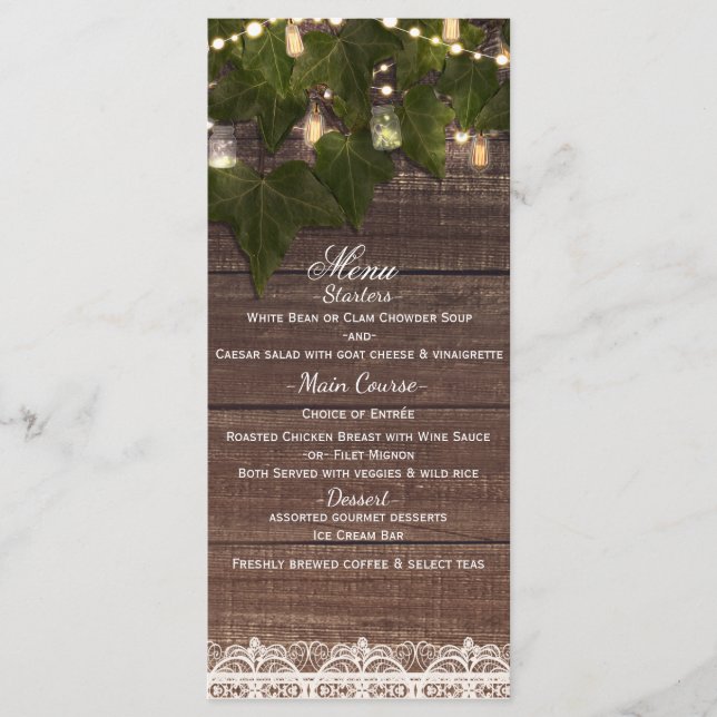 Ivy & String Ljus Mason Burk Rustic Party Menu Meny (Framsida)