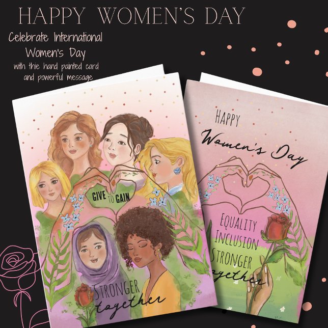 IWD Rosa vattenfärg multietniska kvinnor GE FÖR AT Helgkort (IWD Pink Watercolor Multicultural Women GIVE TO GAIN Holiday Card)