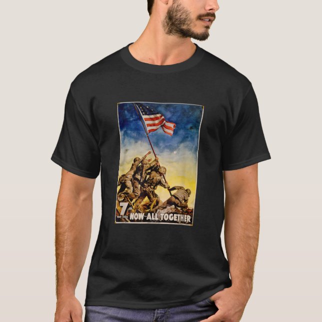 Iwo Jima Retro WW2 American Flagga Raising T Shirt (Framsida)