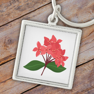 Ixora Coccinea, Maha Sarakhams blomma Fyrkantig Silverfärgad Nyckelring