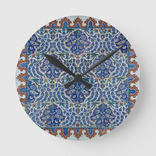 Iznik Blommigt Ethnic Tribal Turkisk Mosaic Potter Rund Klocka (Framsida)