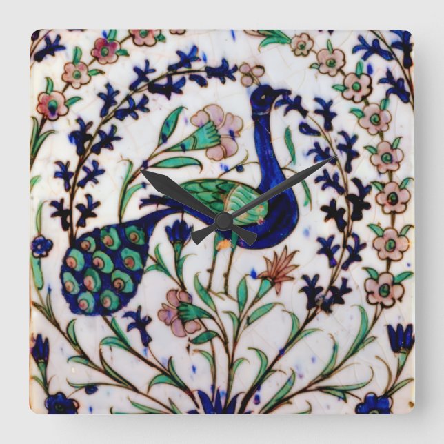 Iznik Peacock Wall Clock Fyrkantig Klocka (Framsida)