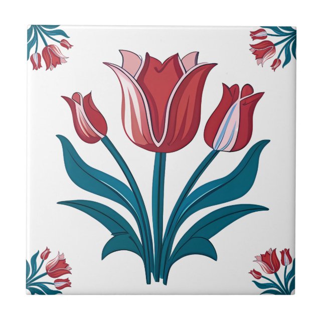 Iznik Tulip Blommönster Ceramic Tile Kakelplatta (Framsidan)
