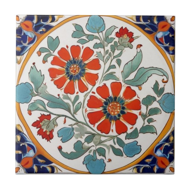 Iznik TurkiFlowers Red Orange Blue Grönt Cream Kakelplatta (Framsidan)
