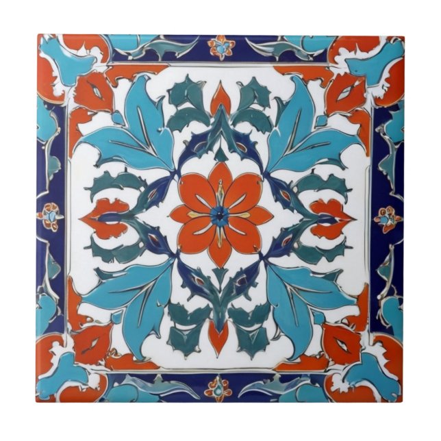 Iznik Turkisk blommiga Orange Röd blå Blommigt Kakelplatta (Framsidan)