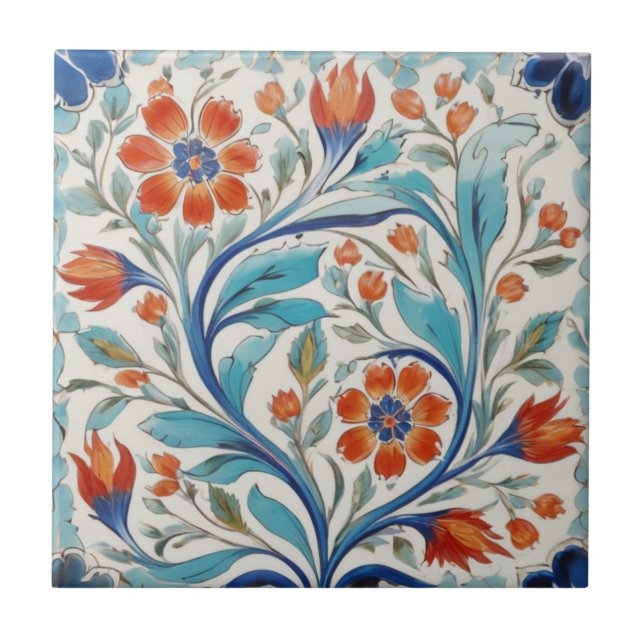 Iznik Turkisk Blommigt Grönt Blue Orange Red Flowe Kakelplatta (Framsidan)