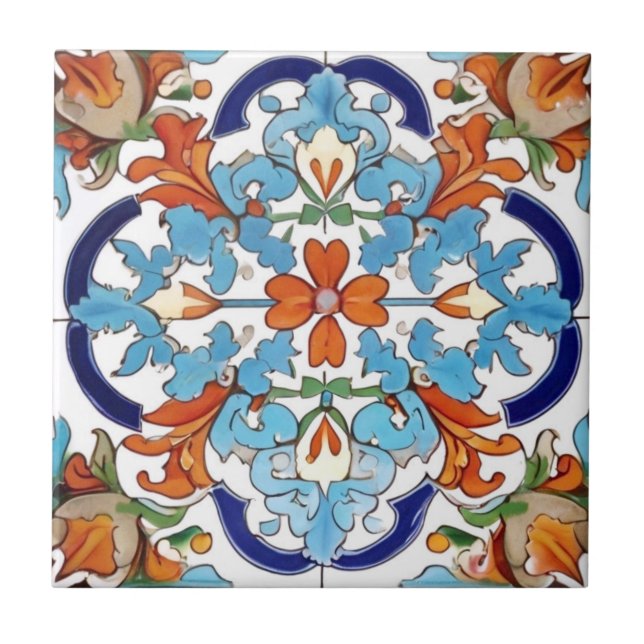 Iznik Turkisk Blommigt Orange Red Blue Flower Kakelplatta (Framsidan)