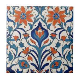 Iznik Turkisk Blommigt Vintage Orange Blåa blommor Kakelplatta