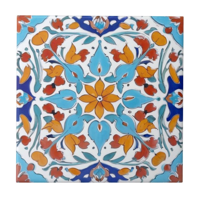 Iznik Turkisk Orange Röd turkos Blue Blommigt Kakelplatta (Framsidan)