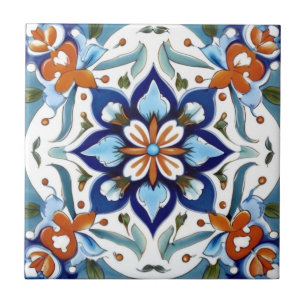 Iznik Turkiska Traditional Orange Red Blue Flower Kakelplatta