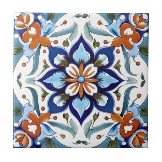 Iznik Turkiska Traditional Orange Red Blue Flower Kakelplatta (Framsidan)