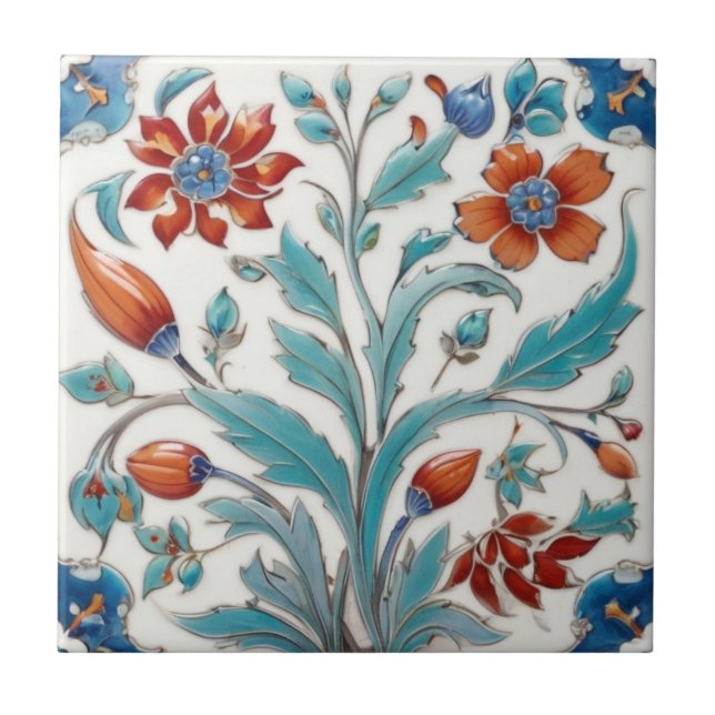 Iznik Turkiska Vintage Blommigt Grönt & Red Flower Kakelplatta (Framsidan)