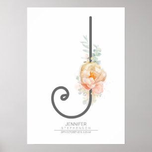 J Bokstavsmonogram Rosa Persikofärgad Blommig Hemd Poster
