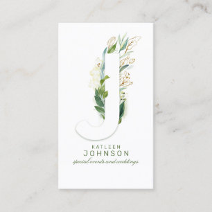 J Brev Monogram Guld Greenery Löv Elegant Visitkort