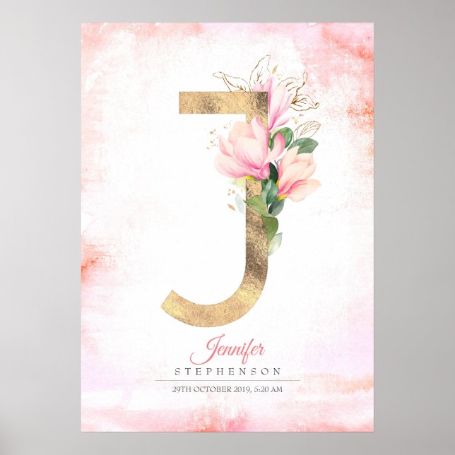 J Brev Monogram Guld Löv Rosa Magnolia Blommigt Poster (Framsidan)