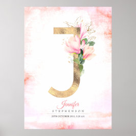 J Brev Monogram Guld Löv Rosa Magnolia Blommigt Poster