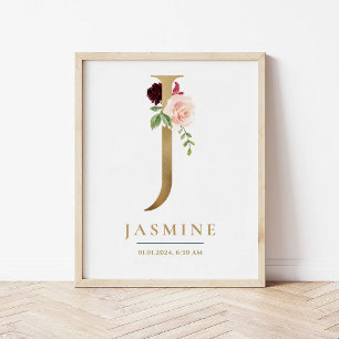 J Brev Monogram Namn Marsala Blommigt Nursery Poster