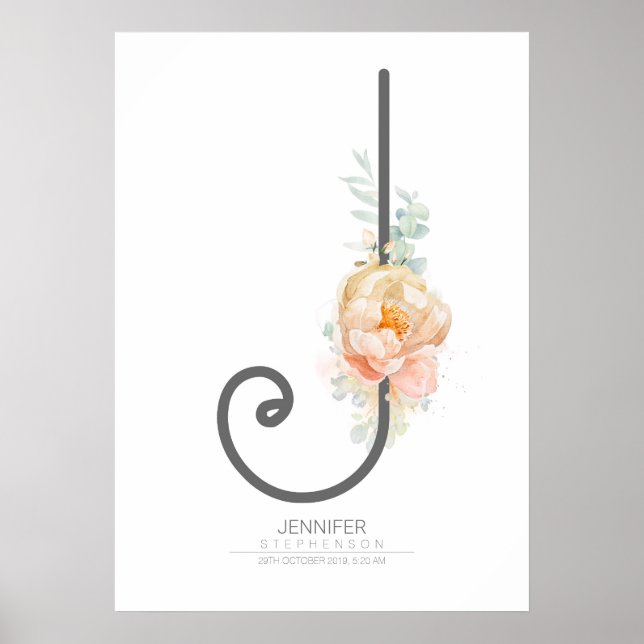J Brev Monogram  Peach Blommigt Home Decor Poster (Framsidan)