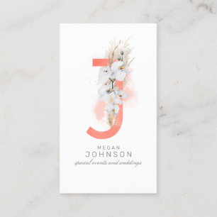 J Brev Monogram White Orchids och Pampas Grass Visitkort
