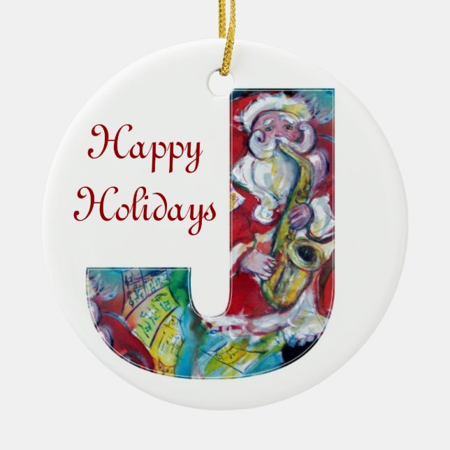 J BREV/SANTA OCH SAX, CHRISTMAS PARTY MONOGRAM JULGRANSPRYDNAD KERAMIK (Framsidan)