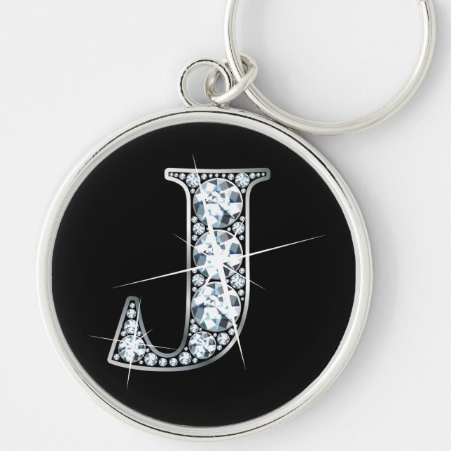 "J" Diamond Bling Keychain Rund Silverfärgad Nyckelring (Framsidan)