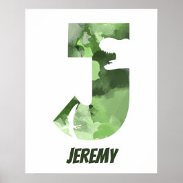 "J" Dinosaur Watercolor Grönt Child's Namn Poster