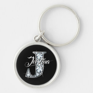 J Faux Diamond Bling Monogram Rund Silverfärgad Nyckelring